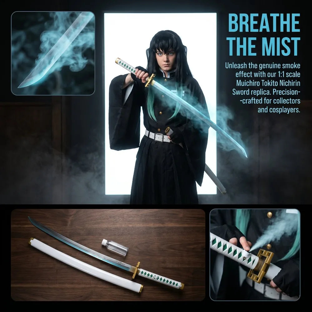 40inch Mist Demon Slayer Katana Muichirou Sword LED Wood Vapor Original Sabre Cosplay Accessories Prop Schwert Vapour Toy Gift