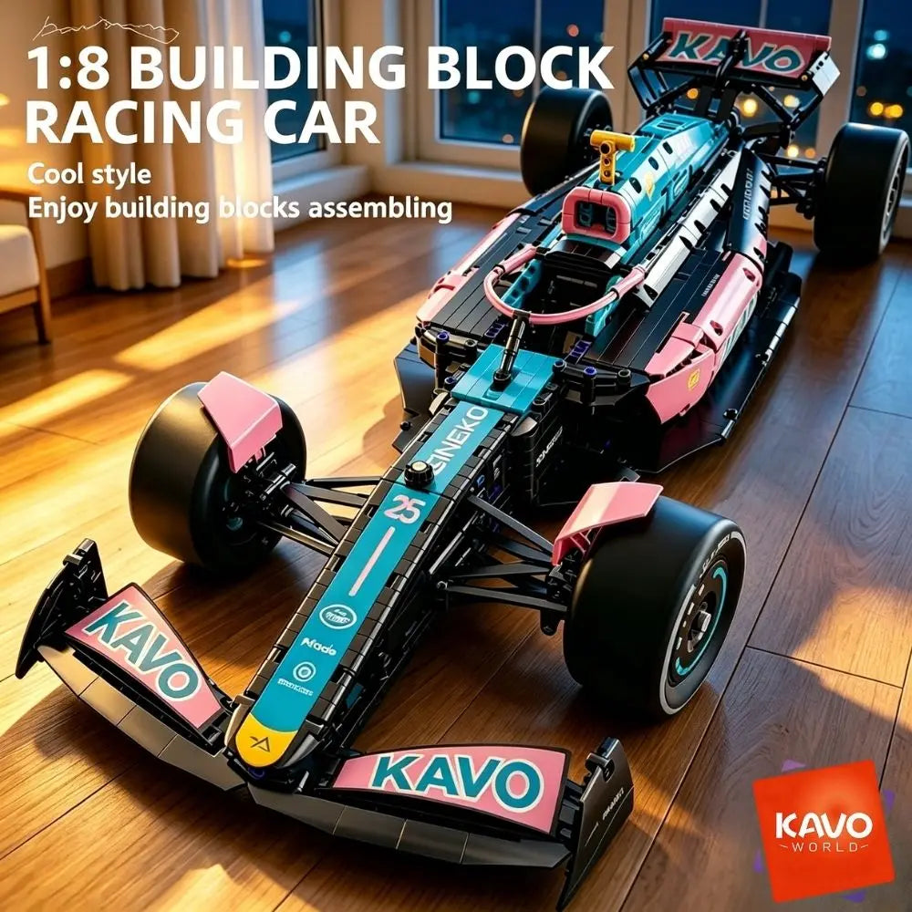 KAVOWORLD 1:8 Pink-blue Formula Racing Car Building Block Kit 1768pcs Technical Mechanical Racing Bricks Set DIY Construction Vehicle Toy with Steerable Wheels Openable Cockpit Simulated Engine for Home Office Display Christm