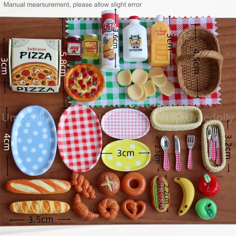 44PCS 1:6 Dollhouse Miniature Honey Bread Pizza Picnic Basket Model Mini Play Kitchen Food & Drink Set for Doll Accessories