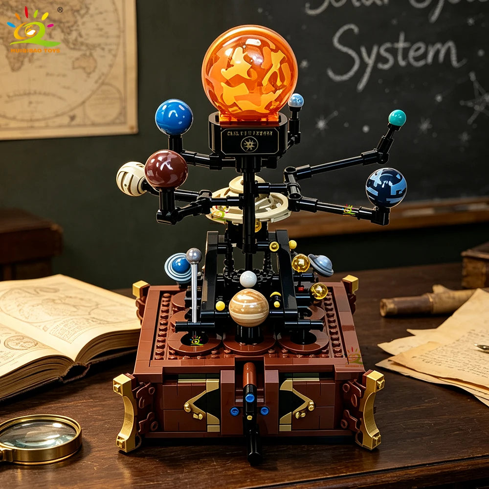 HUIQIBAO MOC Space Solar System Orbit Planet Model Small Building Block Aerospace Ornament Brick Toy For Children Desk Decor.