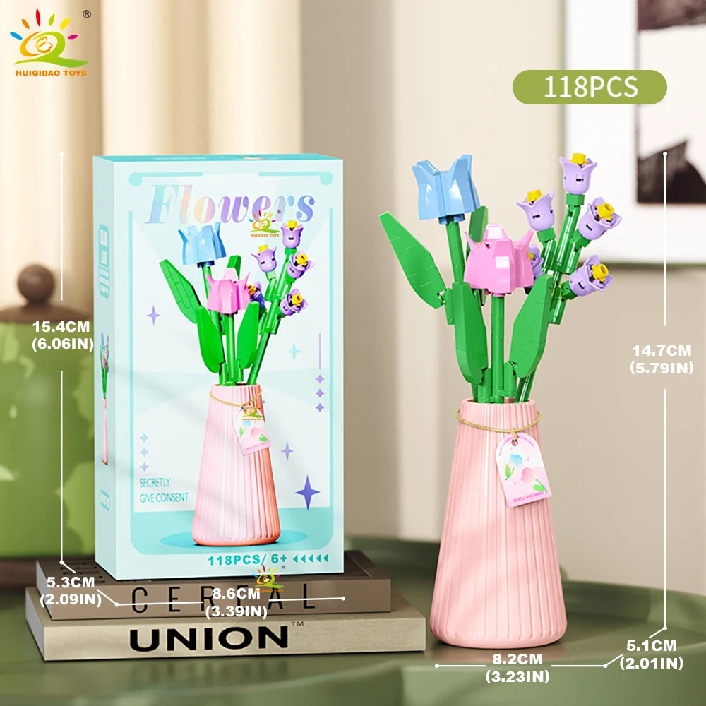 HUIQIBAO MOC Eternal Flower Bouquet with pot Micro Building Block Sunflower Rose Mini Model Brick Toy home Desk Decoration