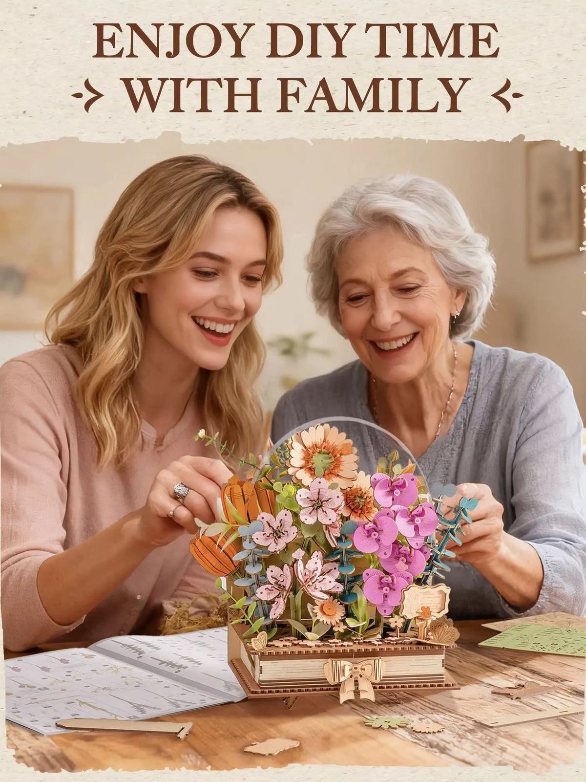 Rolife 3D Puzzle Wooden Blooming Book DIY Artificial Flower Bouquet Model Building Kit for Home Decor Wedding Mother's Day Valentine's Day Gift for Women Adults