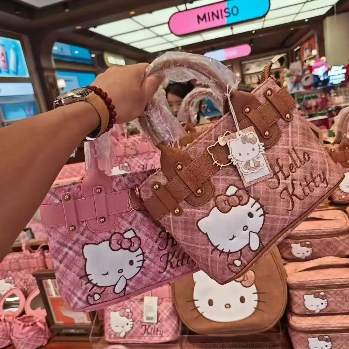 Hello Kitty Square Handbag Cute Cartoon Pink KT Large Capacity Crossbody Bag For Women Girls Daily Shopping Casual Backpack Gift