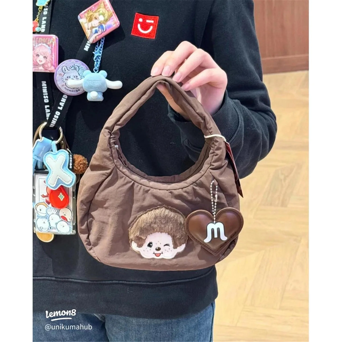 Monchhichi Cute Hobo Bag Soft Puffer Handbag Kawaii Embroidery Underarm Bag with Heart Pendant Casual Daily Tote Bag