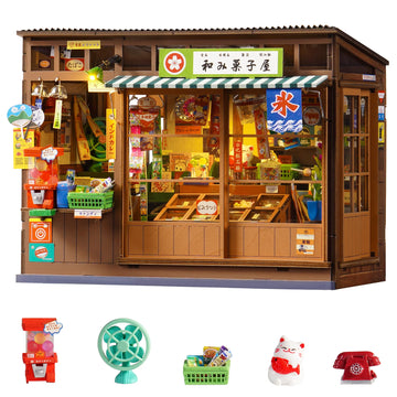 Rolife DIY Book Nook Kit 3D Puzzle Nostalgic Corner Shop Bookends with Sliding Door & LED Light for Bookshelf Decor Wooden DIY Dollhouse Toys for Holiday Gift