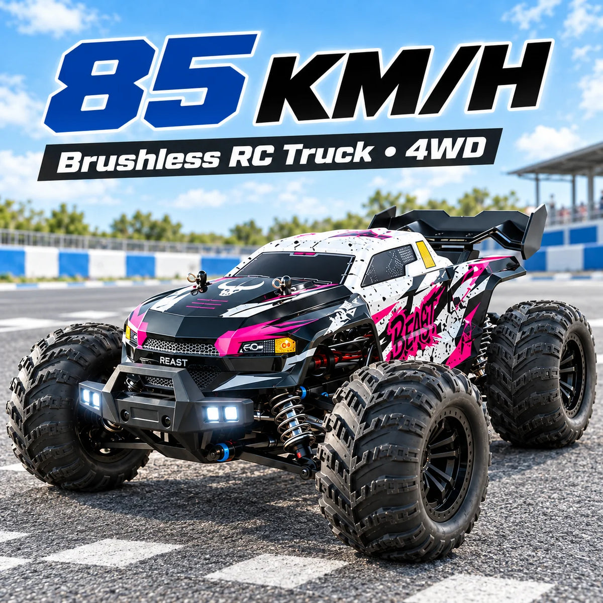 ZNLYRION 4WD Brushless RC Off-Road Monster Truck 2.4GHz 3-Speed Adjustable Remote Control Car with LED Headlights, All Terrain Big Tire Hobby RC Vehicle 2 Rechargeable Batteries RTR Toy for Adults Teens