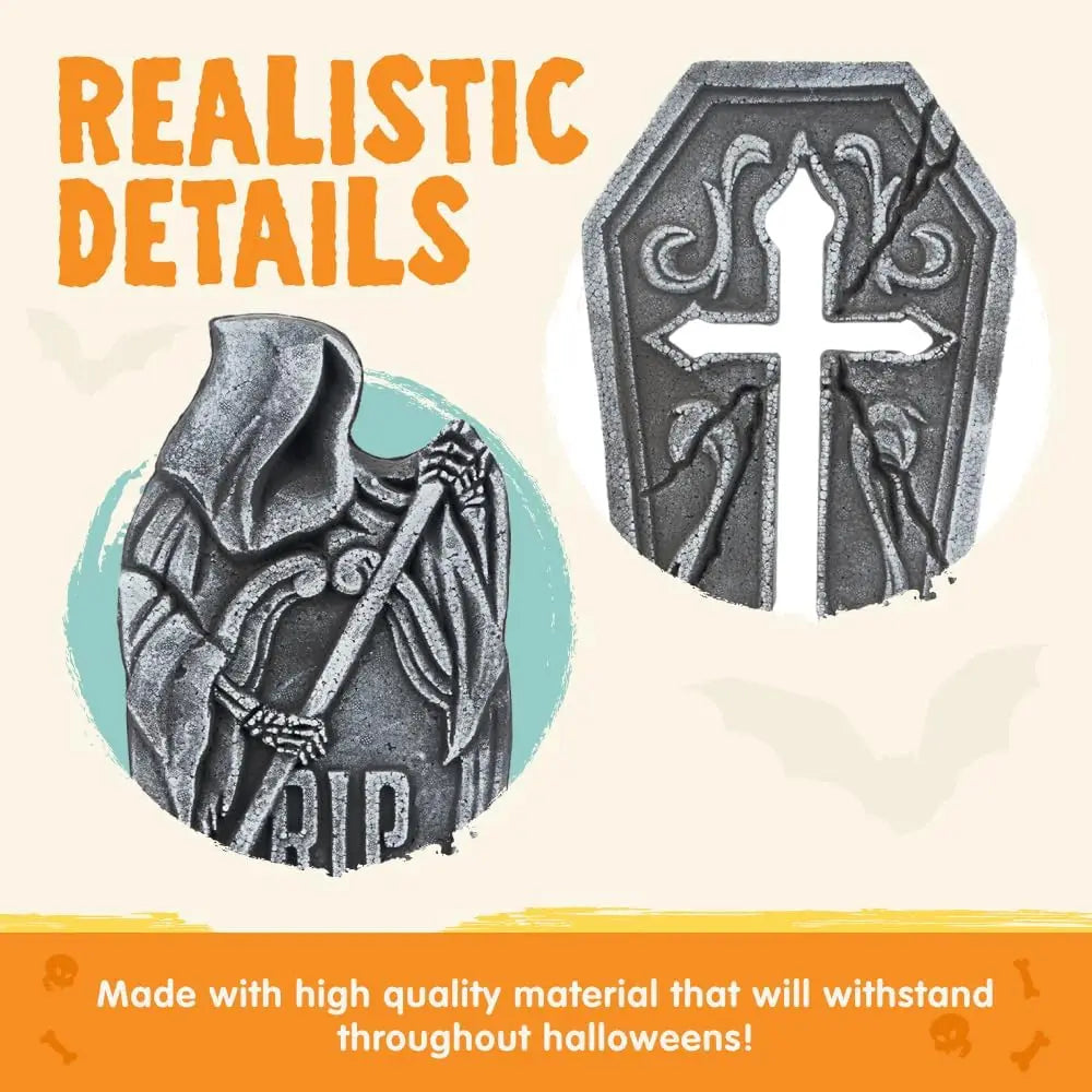 17" Halloween Graveyard Foam Headstones Halloween Decorations Outdoor Tombstones 5 Pack  Decor with 12 Metal Stakes for Prop Cemetery Yard Lawn Decorations, Party Supplies