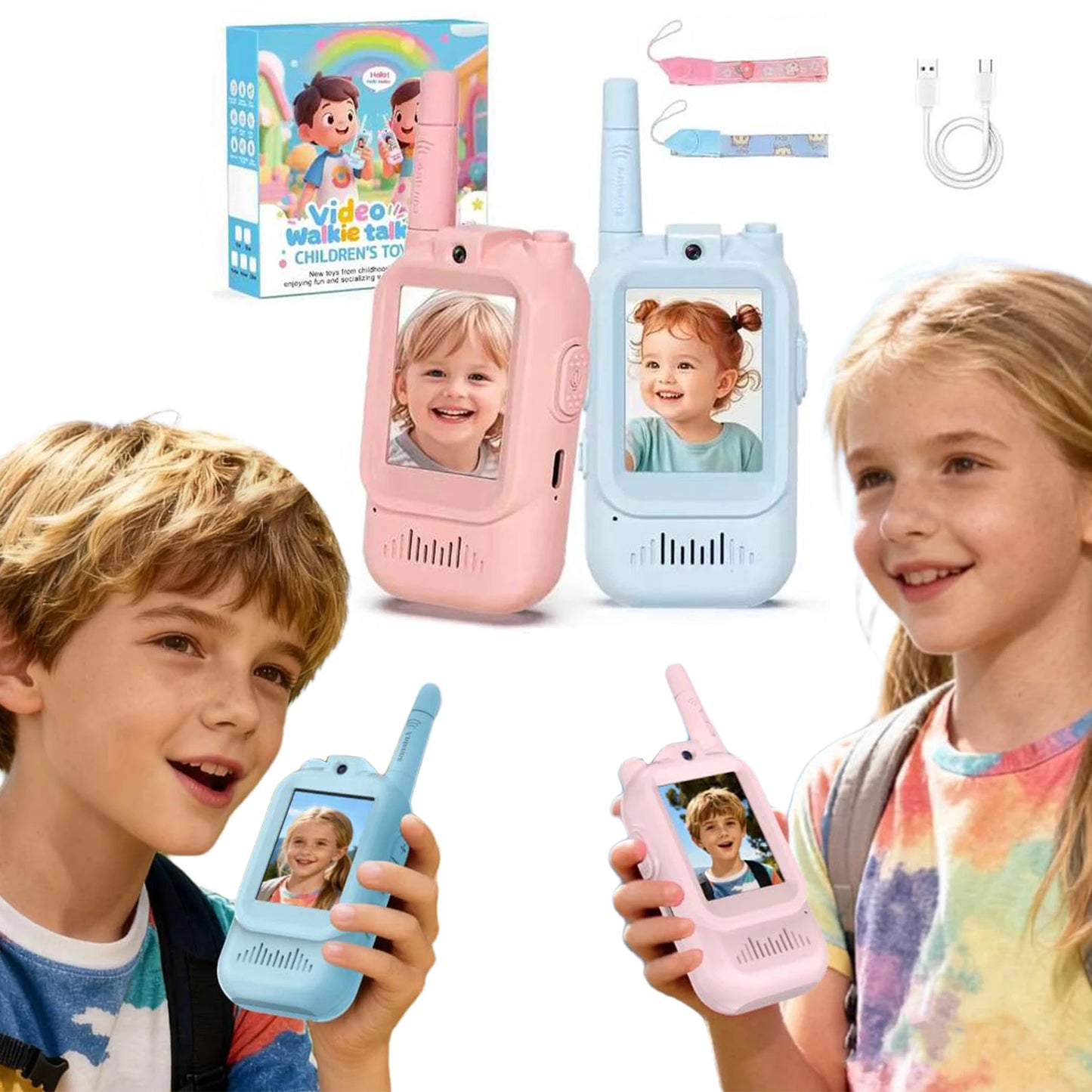 2 Pack Video Walkie Talkies for Kids Rechargeable Toddler Toys for Indoor Camping Travel Birthday Gfits for Kids Ages 3-12