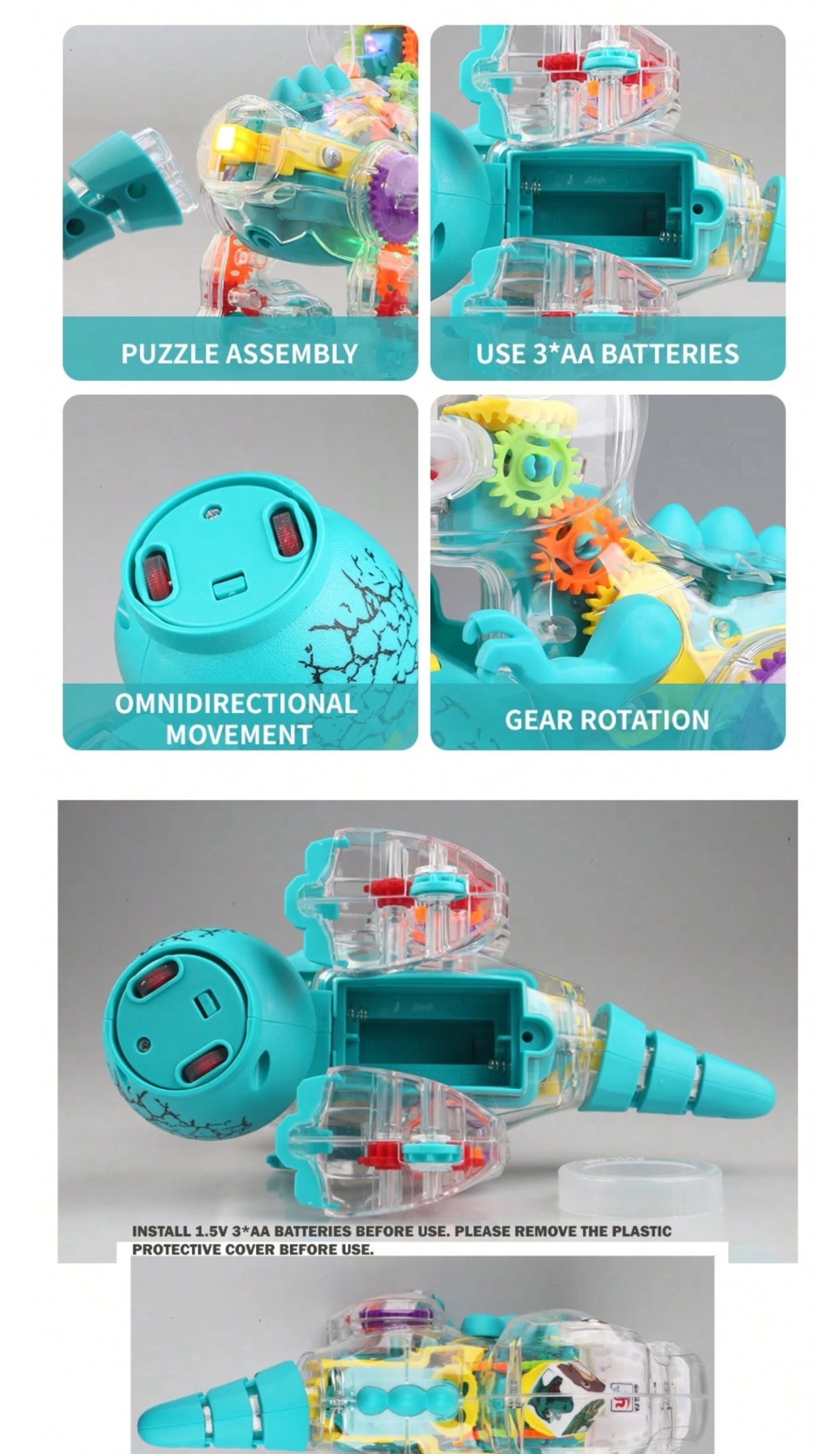 Electric Dinosaur Toy Car for Kids Robot Pet Universal Wheel Bump and Go Swing Toy Transparent Gear with Lights and Music
