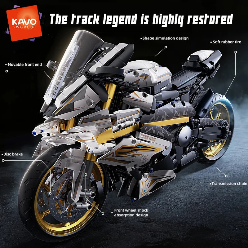 KAVOWORLD 1:5 Motorcycle Desktop Ornament Building Blocks Set 2045PCS Technic Motorbike Model Kit Sport Bike Bricks Boy Toy Gift
