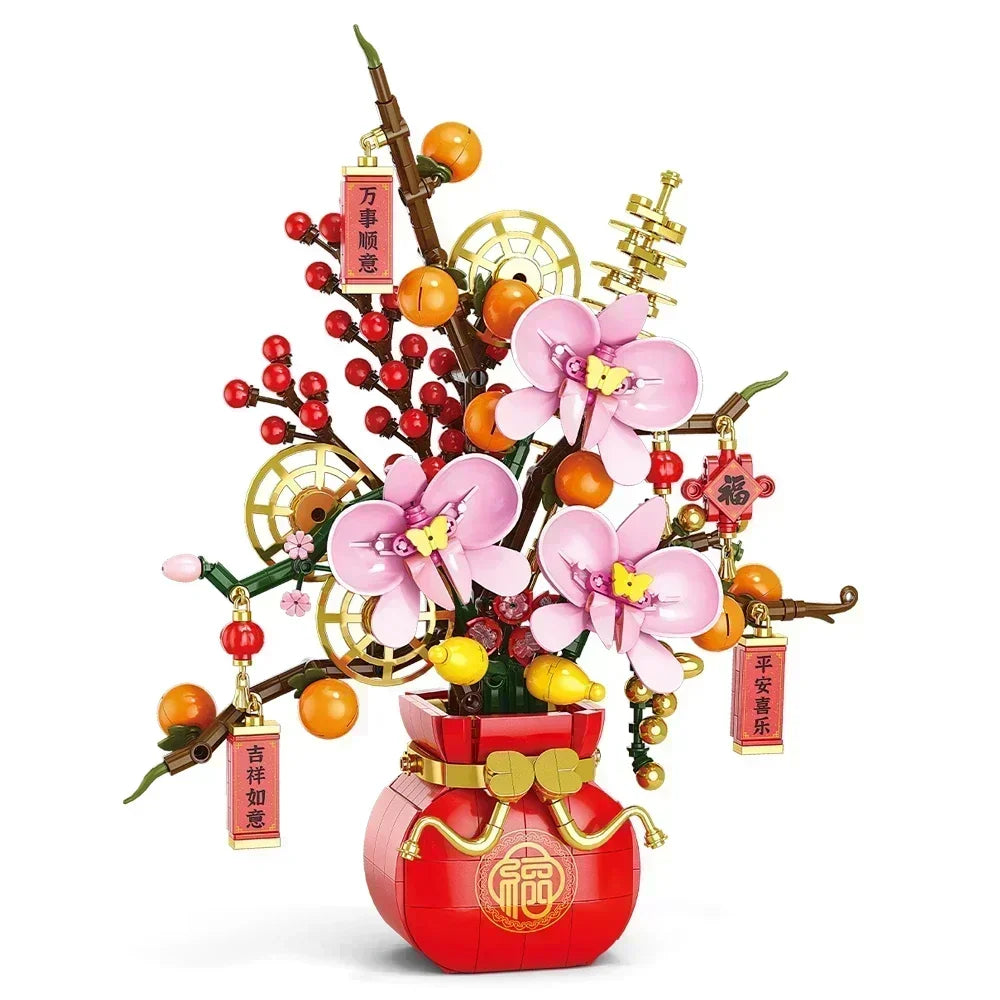Creative City Bouquet, Peach Blossoms, Narcissus, Bonsai, Potted Plants, Building Block Models, Children's Home Decoration Toys