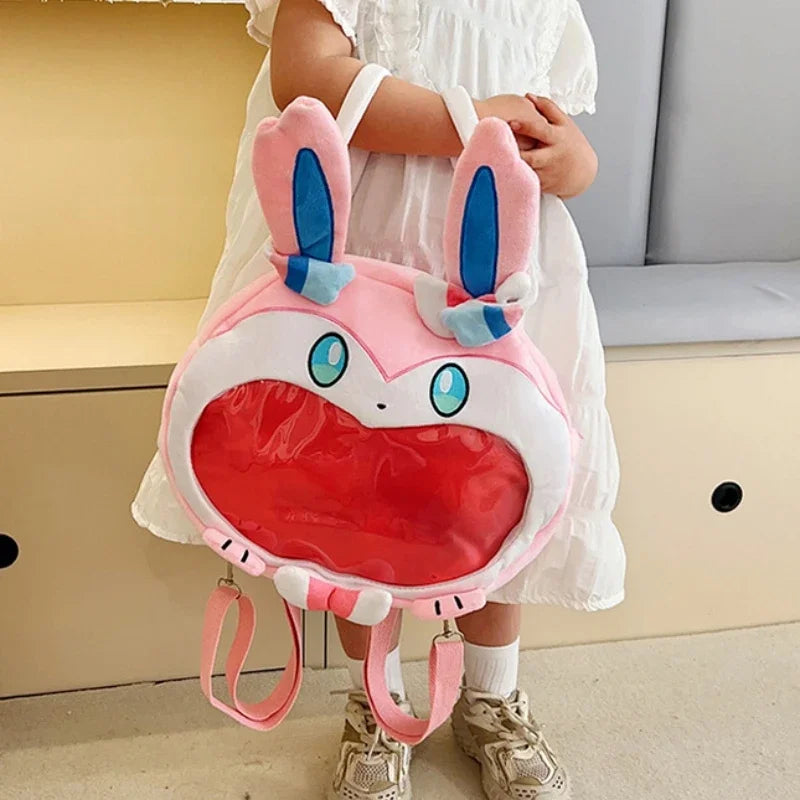 Fairy Type Sylveon Plush Ita Bag Kawaii Clear Window Pin Badge Display Adjustable Strap Backpack for Anime Fans Gift Collection