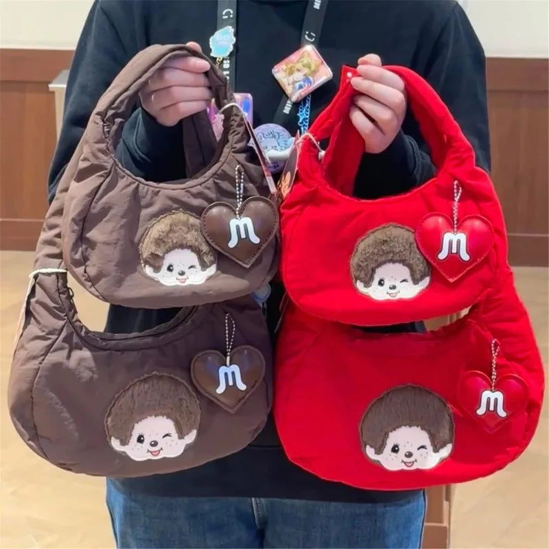Monchhichi Cute Hobo Bag Soft Puffer Handbag Kawaii Embroidery Underarm Bag with Heart Pendant Casual Daily Tote Bag