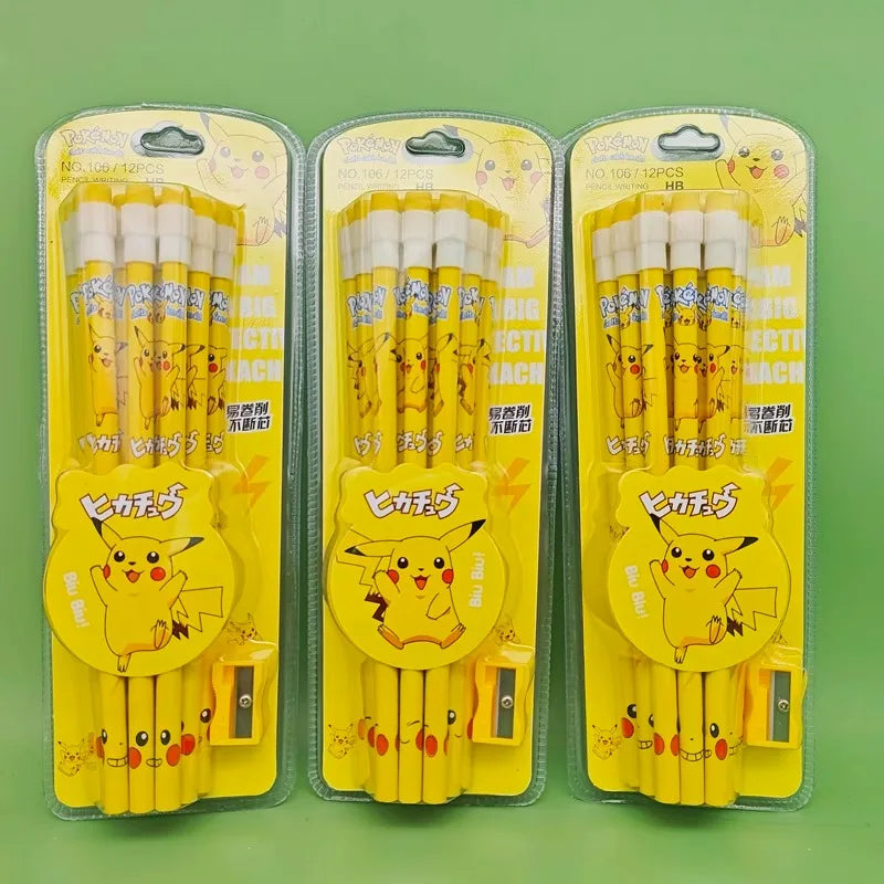 12pcs Cartoon Pencil with Eraser Pencil Sharpener Cute Anime Figure School Supplies Office Stationery Kawaii Tools Gifts
