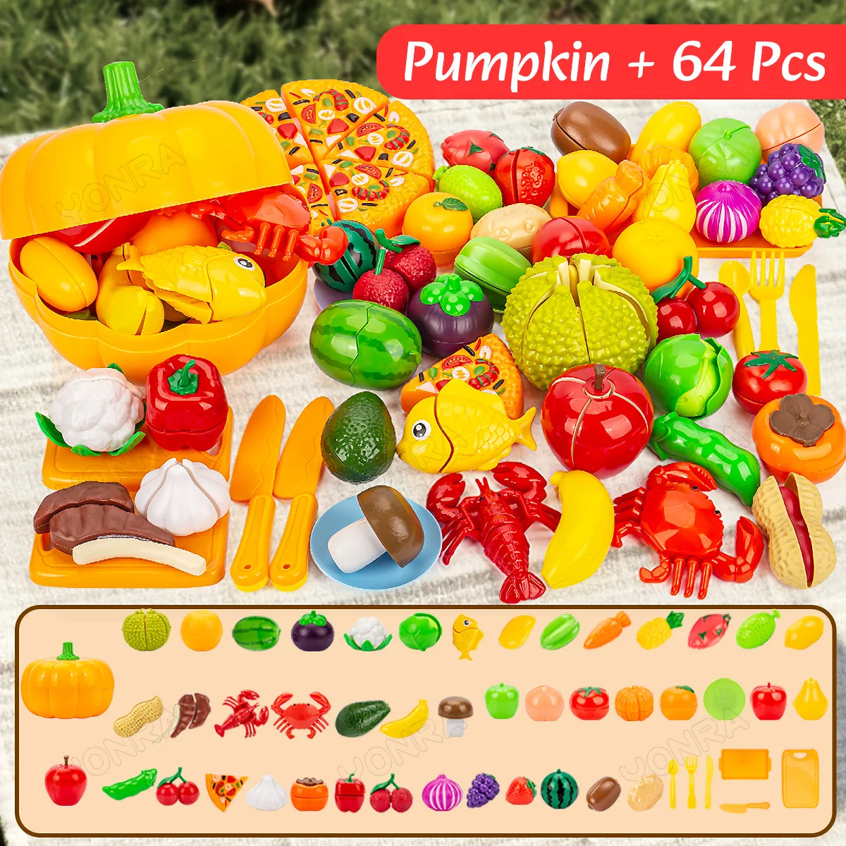 Cutting Play Food Toy for Kids Kitchen Pretend Fruit &Vegetables Accessories with Shopping Storage Basket Toy for Toddler Gift