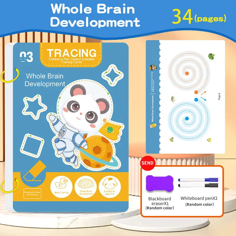 34-Page Reusable Magic Tracing Workbook, Educational Drawing and Pen Control Training, Includes Pen and Eraser, Essential for Learning, Classroom Education, Birthday, Christmas, Easter Gift