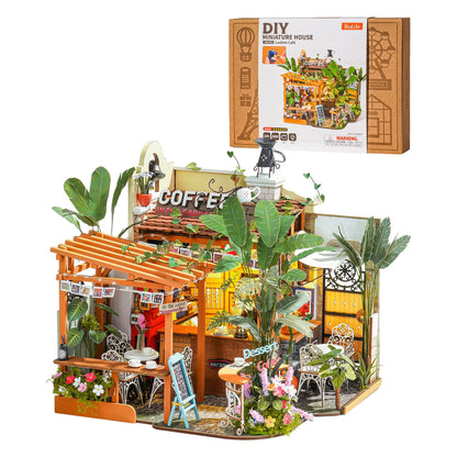 Rolife Wooden Dollhouse 3D Puzzle Leafree Café DIY Miniature House Model Building Kit with LED Light for Home Decor Brain Teasers Jigsaw DIY Craft Kit for Holiday Gift