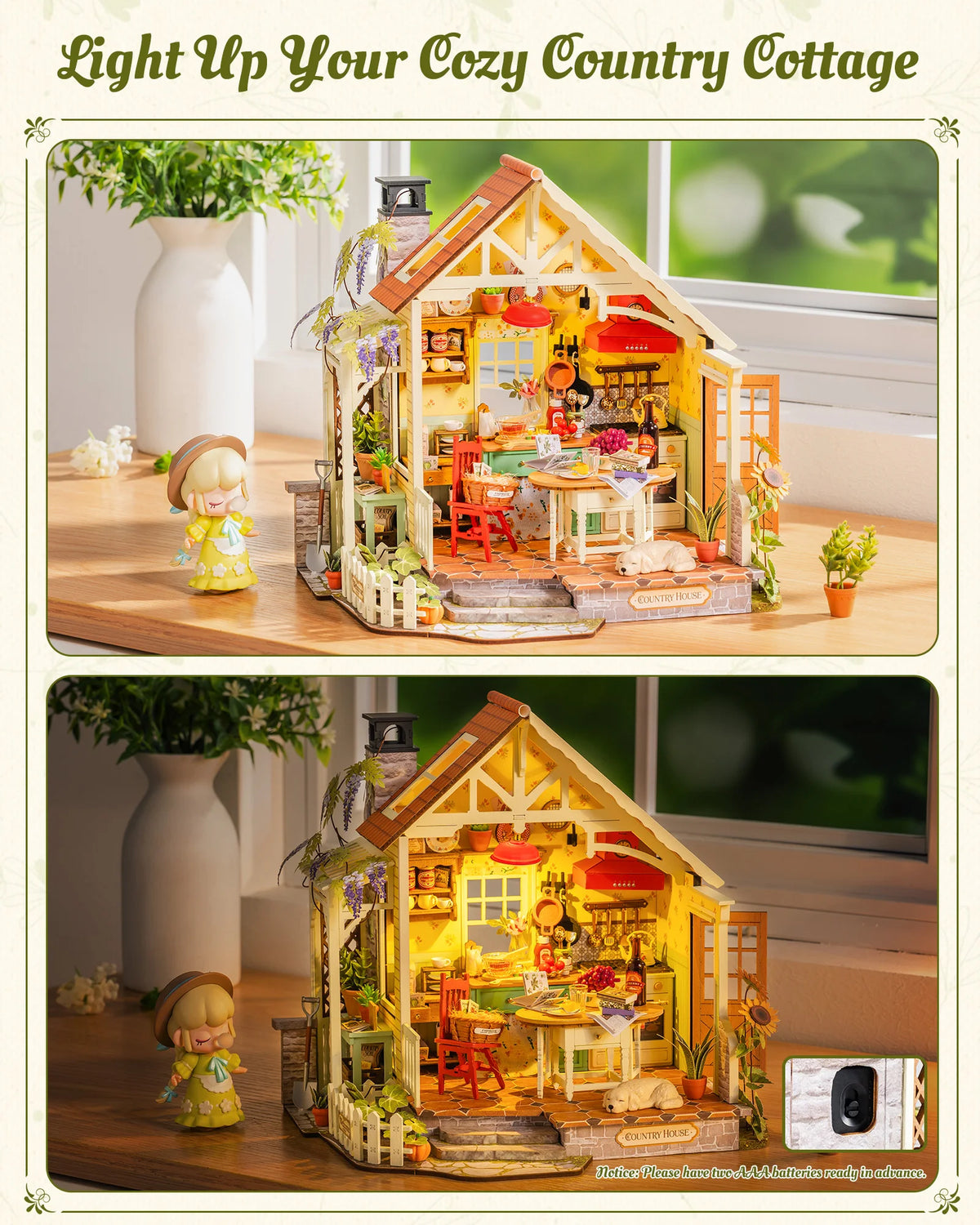 Rolife DIY Miniature House Kit 438-piece Sunlit Farmhouse Kitchen Wooden Dollhouse 3D Puzzle Tiny House Model Building Kit with LED Light Home Decor Gift for Adults Kids