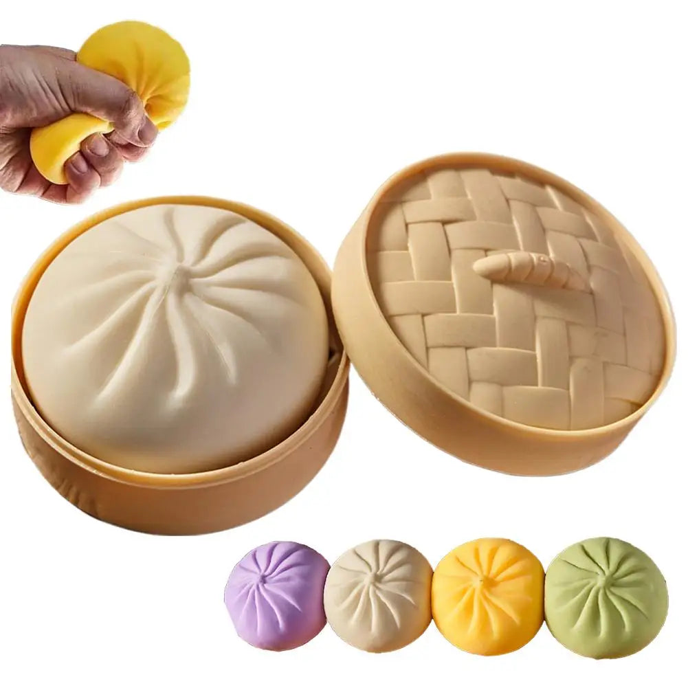 Colorful Dumpling Squishes Stress Balls Fidget Sensory Toys Simulation Food Squishies Bun with Steamer Squeeze Dough Ball Gifts
