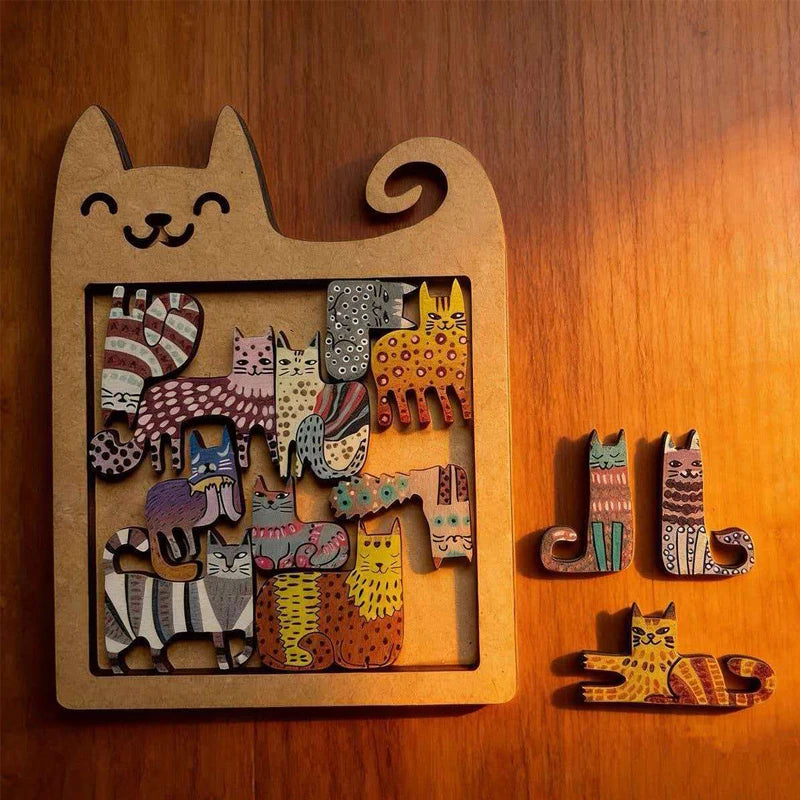 Cute Cat Shaped Wooden Jigsaw Puzzle Focus & Stress Relief Toys Irregular Unique Creative Ideal Gift for Kids Boys Girls