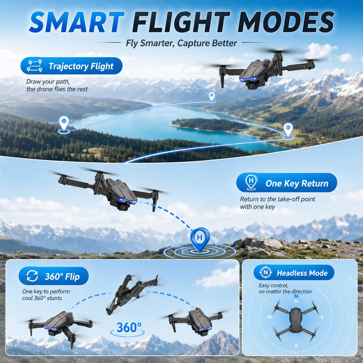 Foldable RC Drone 4K HD Dual Camera 90° Adjustable 120° Wide Angle 50X Zoom Altitude Hold 2.4G 100M Remote FPV Quadcopter