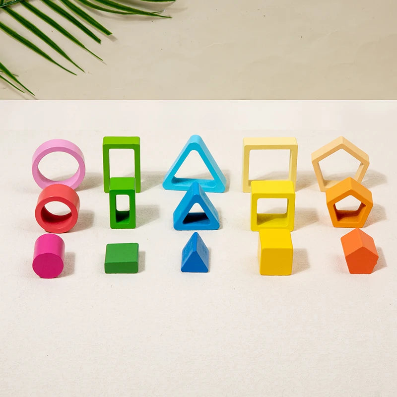 Geometric Shape Sorting Stacking Intelligence Development Blocks, Wooden Early Education Matching Toys, Color, Shape Cognition