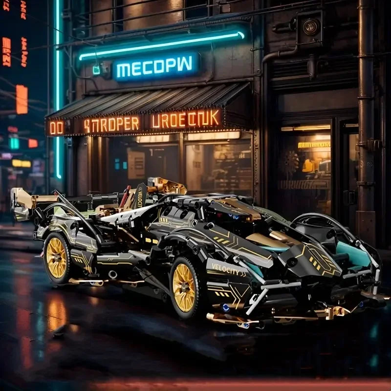 A 523-piece set of black and gold, aerodynamic sports car DIY building blocks, suitable for office/home decor and assembly toys.