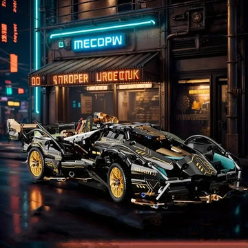 A 523-piece set of black and gold, aerodynamic sports car DIY building blocks, suitable for office/home decor and assembly toys.