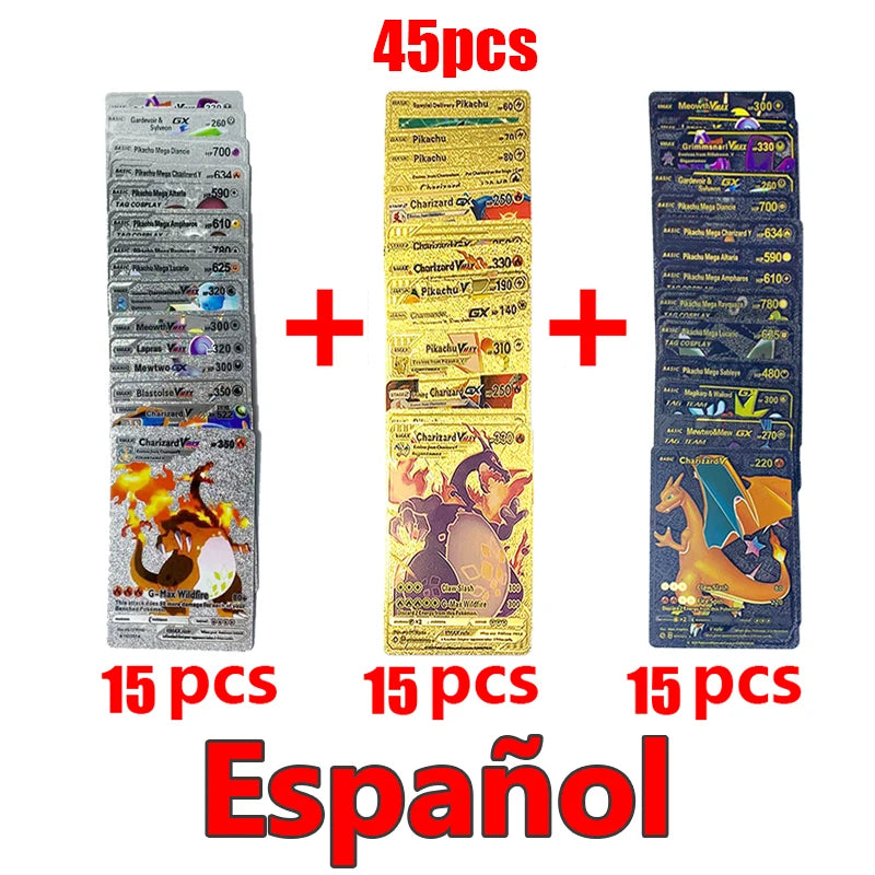81-15Pcs Pokemon Cards Gold Silver Vmax GX Card Collection Battle Trainer Card Spanish English French Child Toys Christmas Gifts
