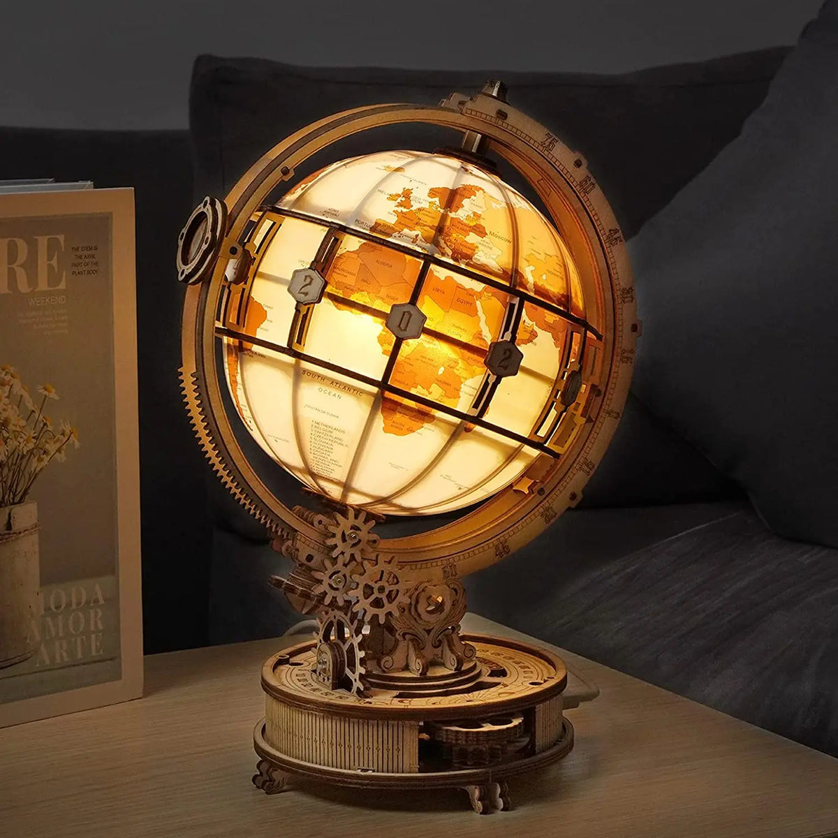 ROKR Wooden 3D Puzzle Toys - Luminous Globe Mechanical Model Building Kit Glow-in-the-Dark Globe 3D Puzzle Set Educational Toy Gift for Teens Adults