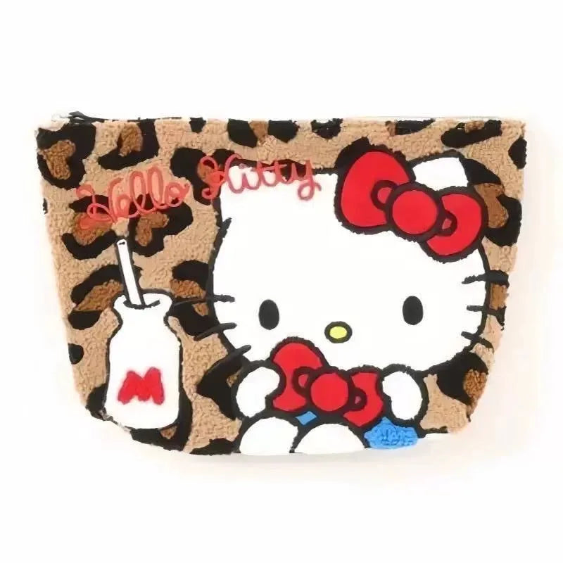 NEW Hello Kitty Leopard round Plush Storage Bag Black Leather Kitty cat Coin Wallet Makeup Travel Storage Large capacity BagGift