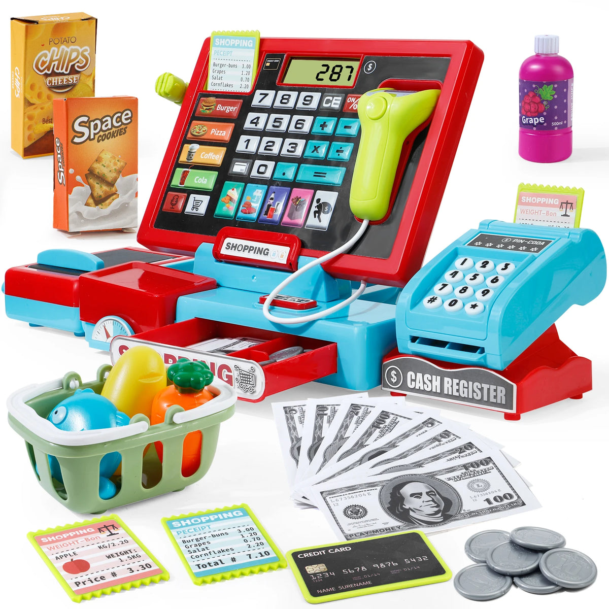 Shopping Cash Register Playset with Real Calculator, Pretend Play Store, Learning Toy, Christmas/Halloween/New Year Gift