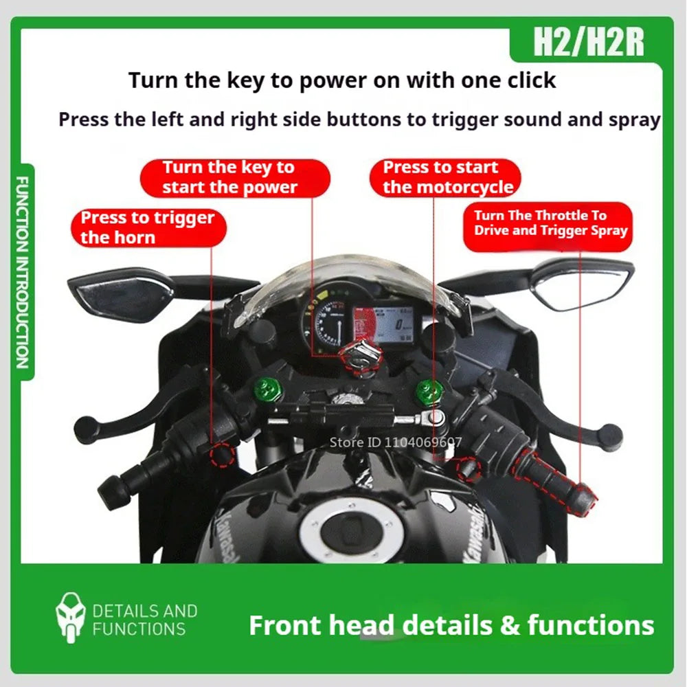1:9 Scale H2R Motorcycle Model Toy Car Alloy Body Ignitable Start Spray Motor Models Shock Absorption Vehicles for Boys Toys