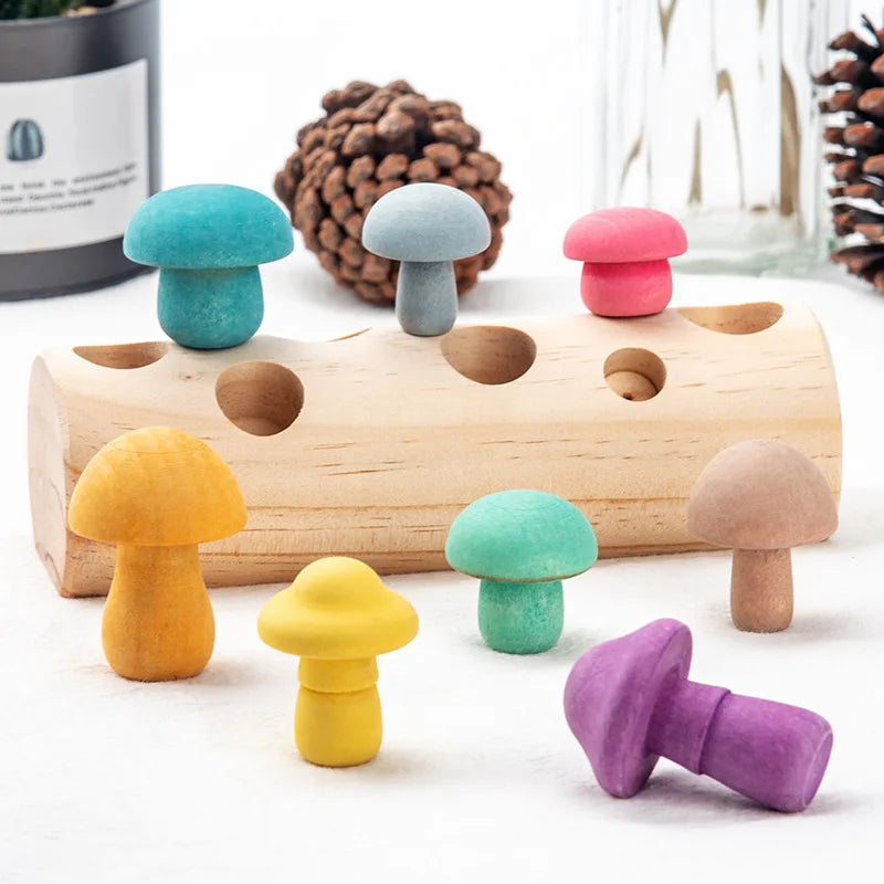 Toddler Wooden Mushroom Picking Game Rainbow Block Montessori Educational Wooden Toy Developmental Shape Matching Assembly Grasp