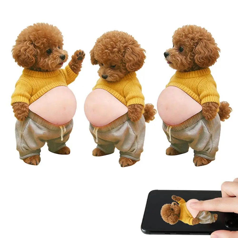 2026 3D Teddy Dog Belly Sticker - Cute puppy wearing orange outfit with soft pink background, silicone self-adhesive