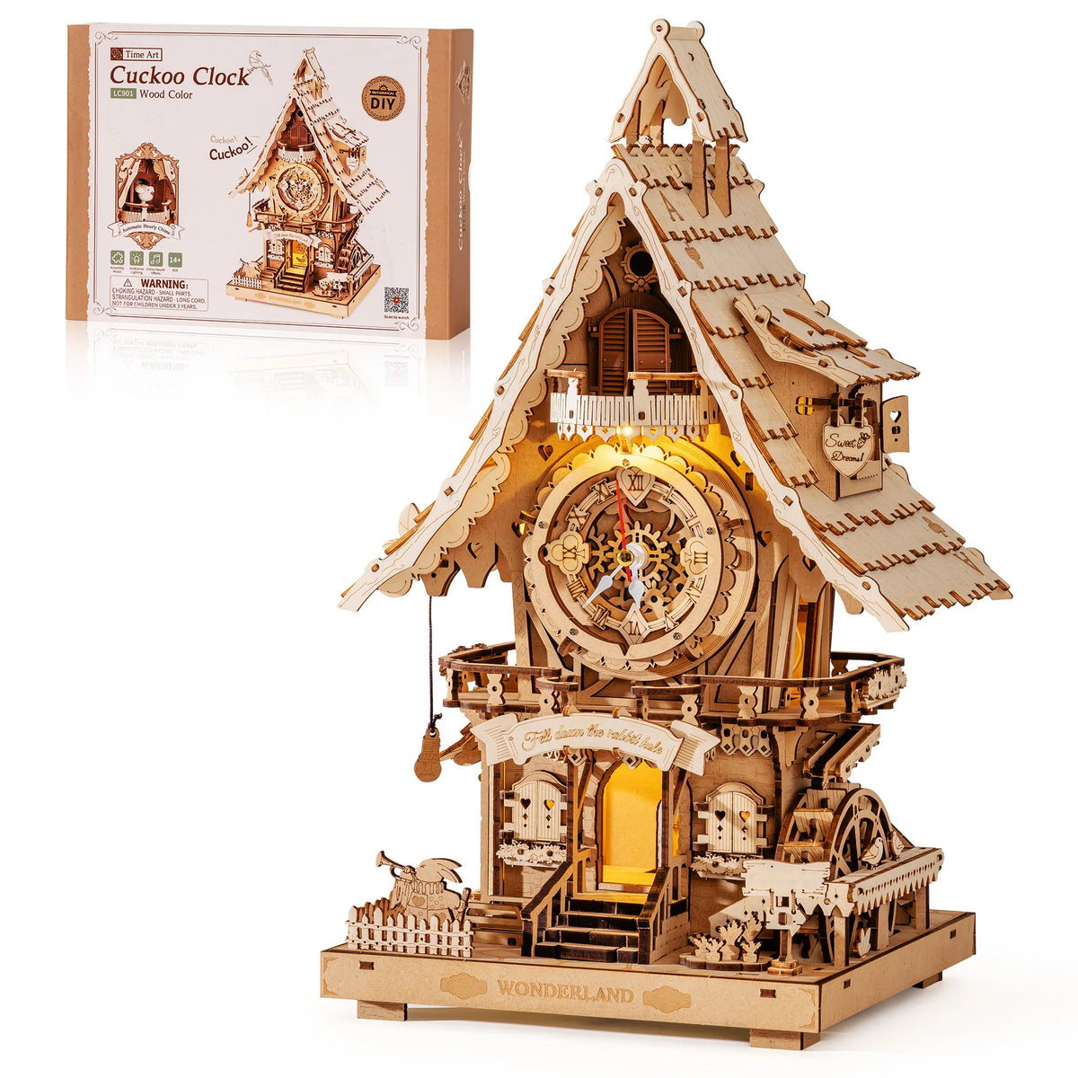 ROKR Wooden 3D Puzzle Cuckoo Clock Mechanical Model Building Kit 435 Pieces DIY Craft Kit with 2 Light for Home Decor Brain Teasers Jigsaw Toys for Adults Teens