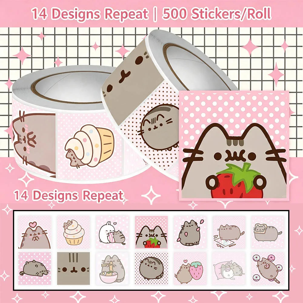 500PCS Pusheen Style Cartoon Cat Roll Stickers Waterproof Graffiti Scrapbooking Notebook Phone Cute Decoration Decals Toys