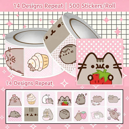 500PCS Pusheen Style Cartoon Cat Roll Stickers Waterproof Graffiti Scrapbooking Notebook Phone Cute Decoration Decals Toys
