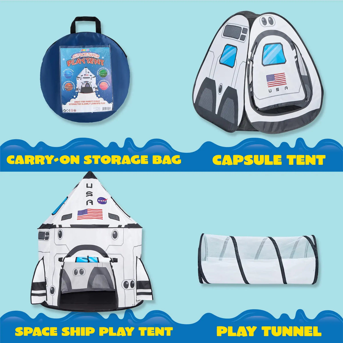 Joyfy Rocket Ship Play Tents Set Pop up Play house with Tunnel 3-Piece Play Tent for Kids Pretend Play Birthday Gift