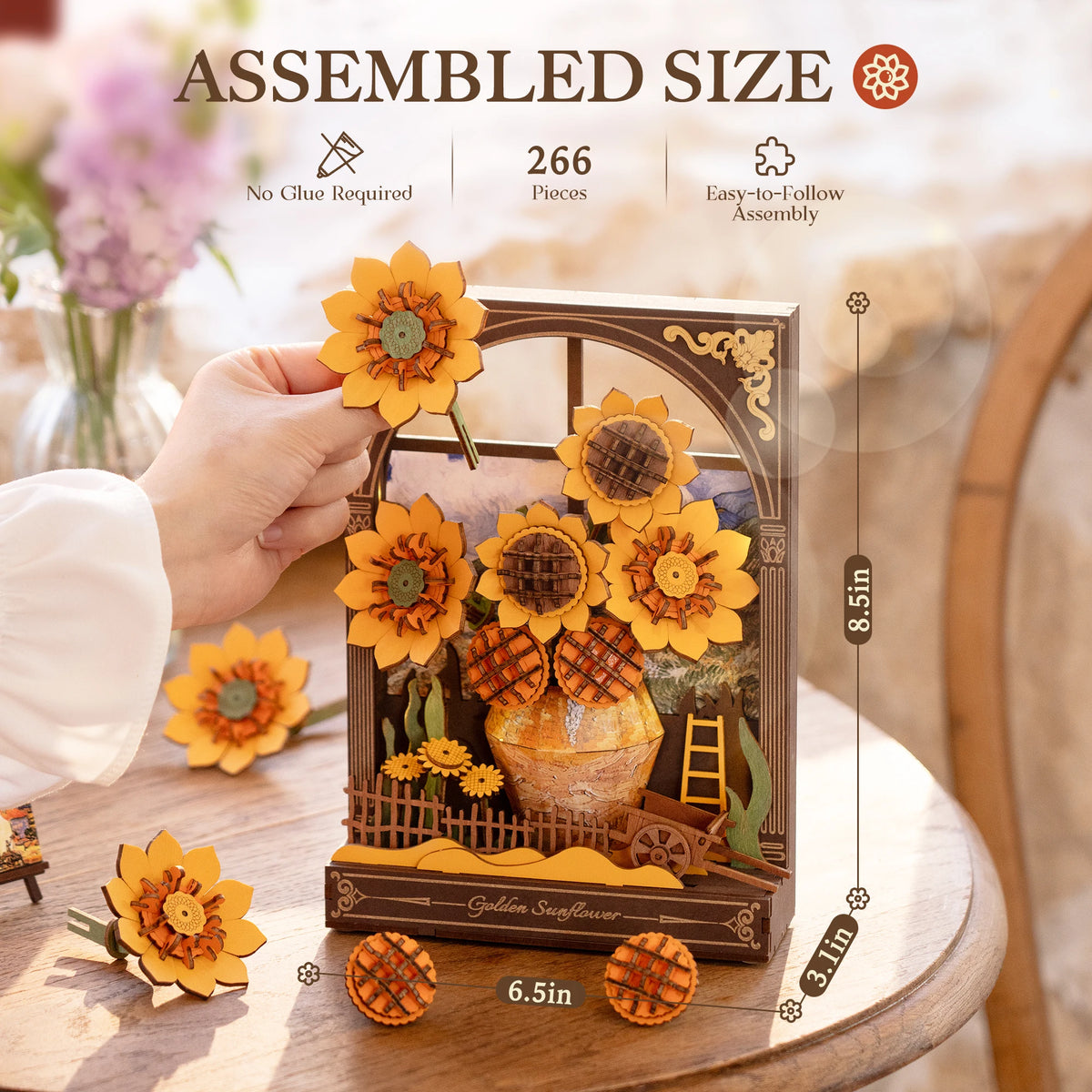 ROKR Wooden Flower Golden Sunflower Building Sets for Adult with Lights TH002, Van Gogh Wall Art Crafts, Painting Frame Room Decor, Valentine's Day/Anniversary/Birthday Gifts for Women, 266PCS