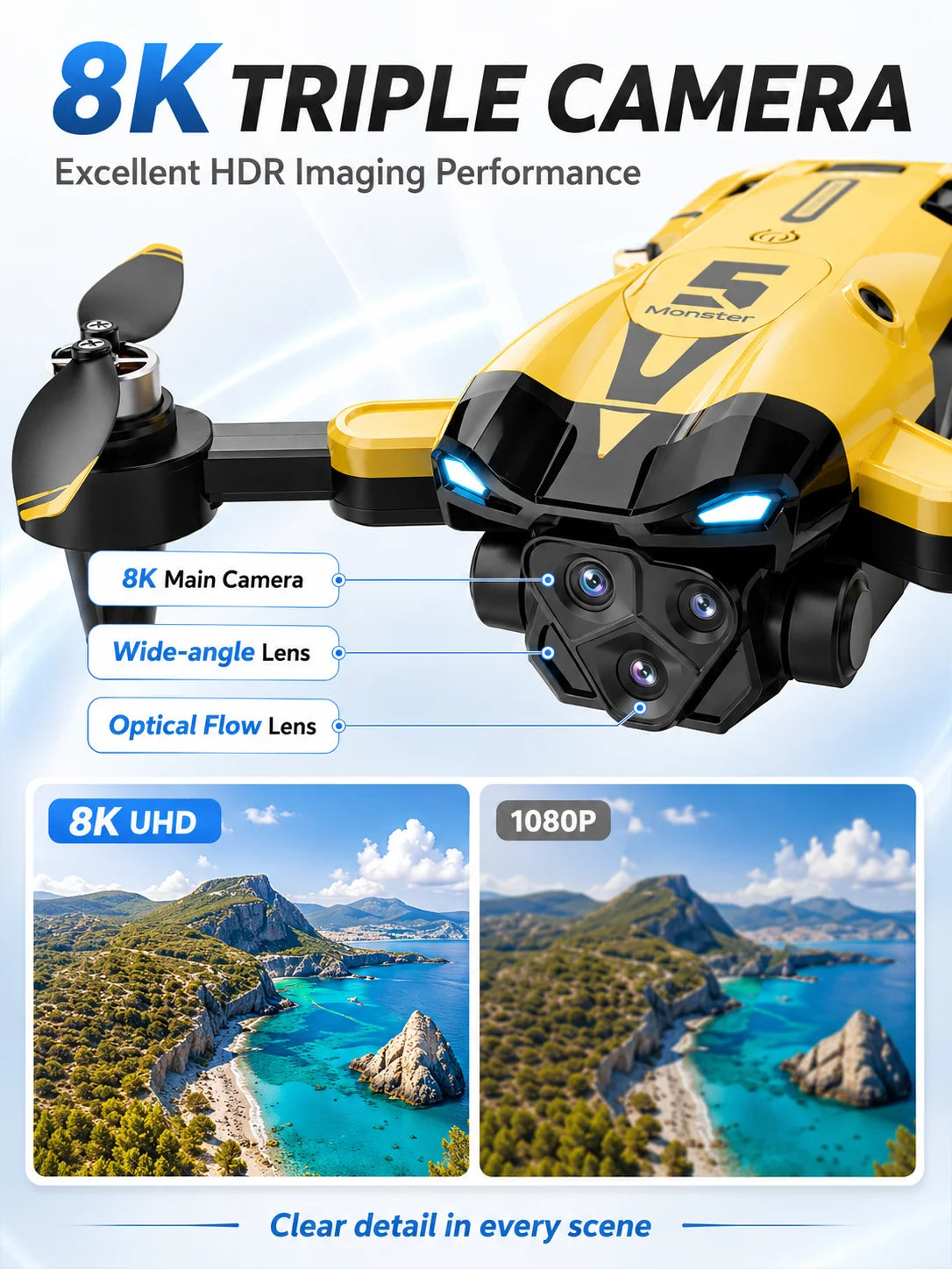 Brushless Aerial RC Drone 8K Triple Camera 5G Transmission 7 Level Wind Resistance Optical Flow Hover Folding Portable Drone