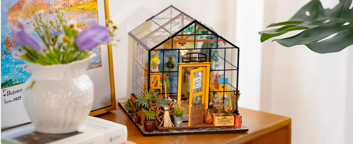 Rolife Wooden 3D Puzzle Cathy's Greenhouse DIY Miniature House Kit Mini Dollhouse Model Building Kit with LED Light for Home Decor Holiday Gift for Adults Teens