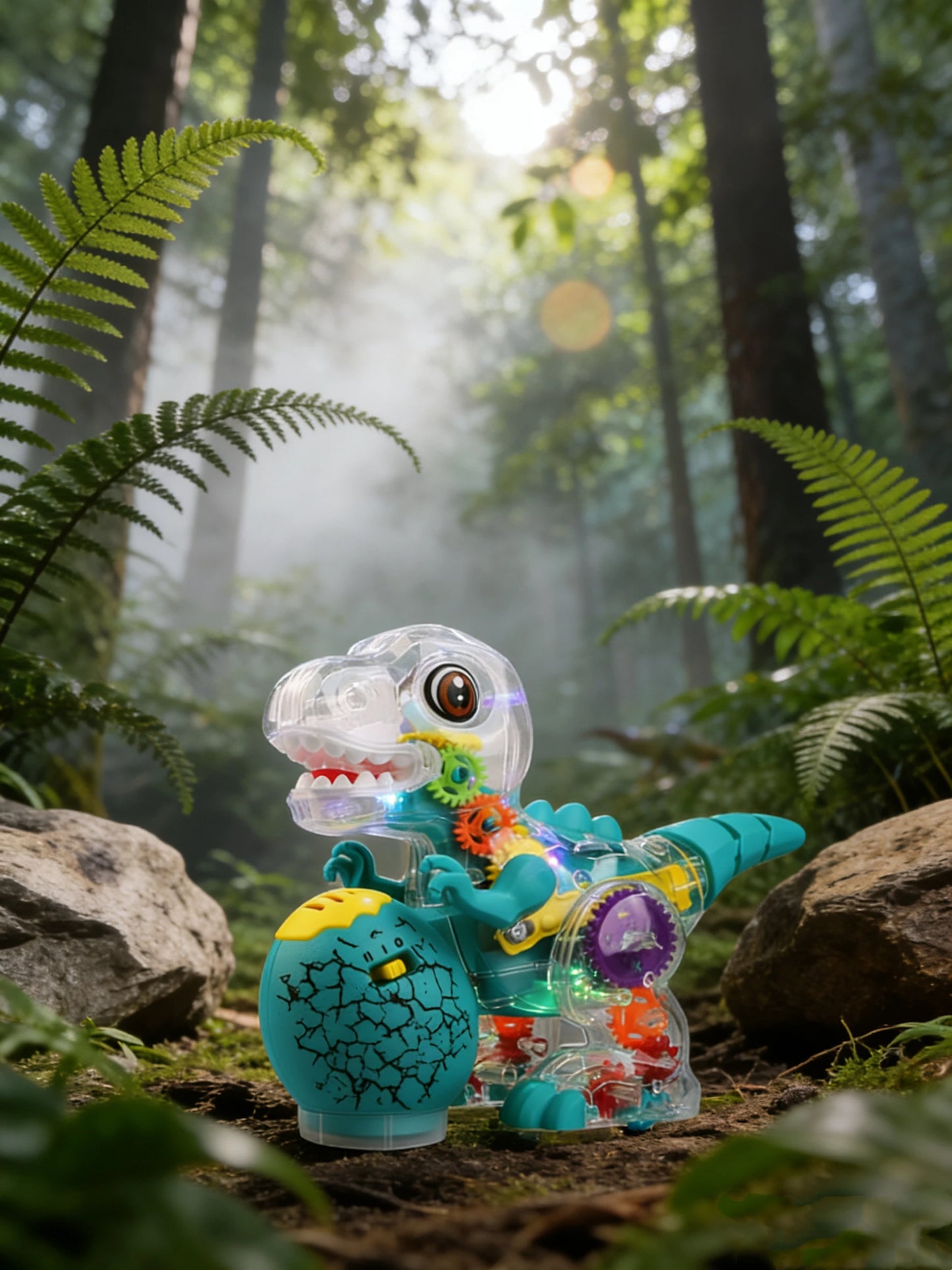Electric Dinosaur Toy Car for Kids Robot Pet Universal Wheel Bump and Go Swing Toy Transparent Gear with Lights and Music