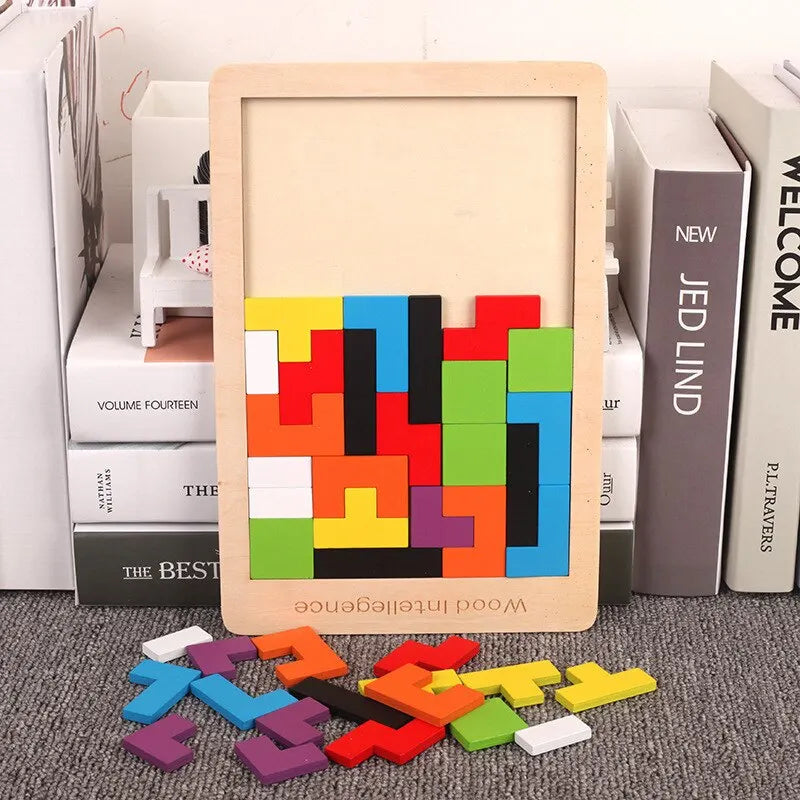 Wooden Blocks Puzzle Toy – Montessori 3D Tangram Brain Teasers