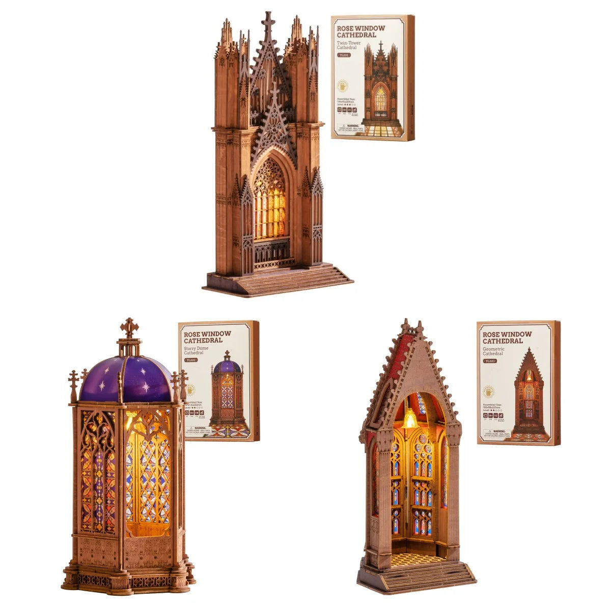 Rolife Wooden 3D Puzzle Twin-Tower Cathedral Model Building Kit DIY Miniature House Kit with LED Light for Bookshelf Decor