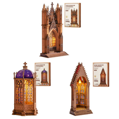Rolife Wooden 3D Puzzle Twin-Tower Cathedral Model Building Kit DIY Miniature House Kit with LED Light for Bookshelf Decor