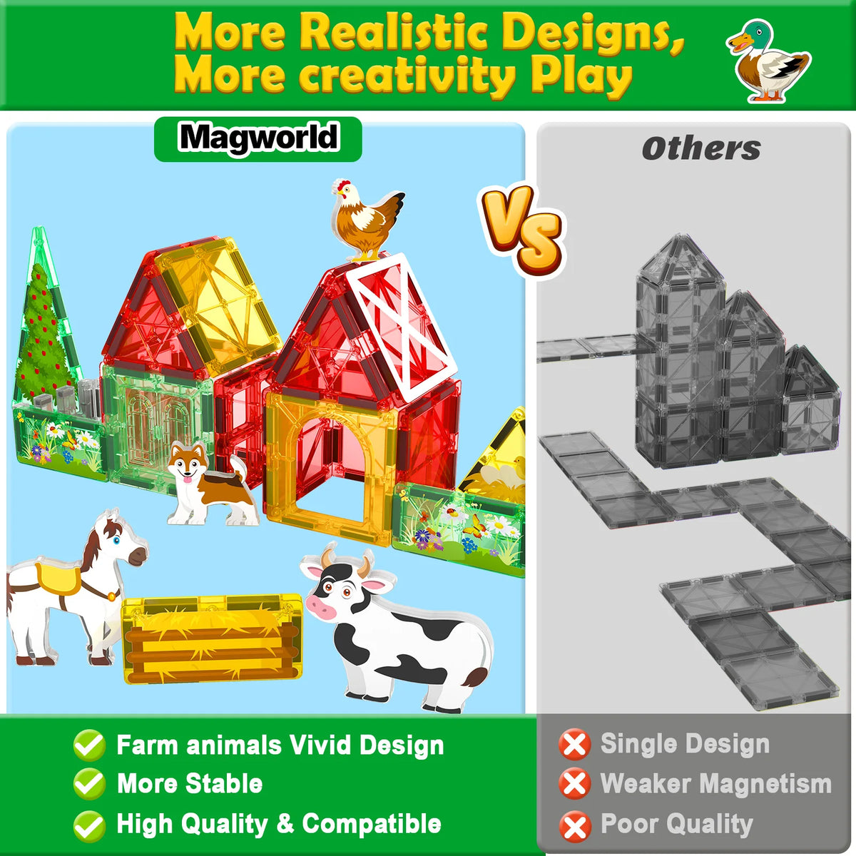 Magworld Magnetic Tiles Farm Animal Set, Magnetic Building Blocks for 3+ Year Old Boys and Girls