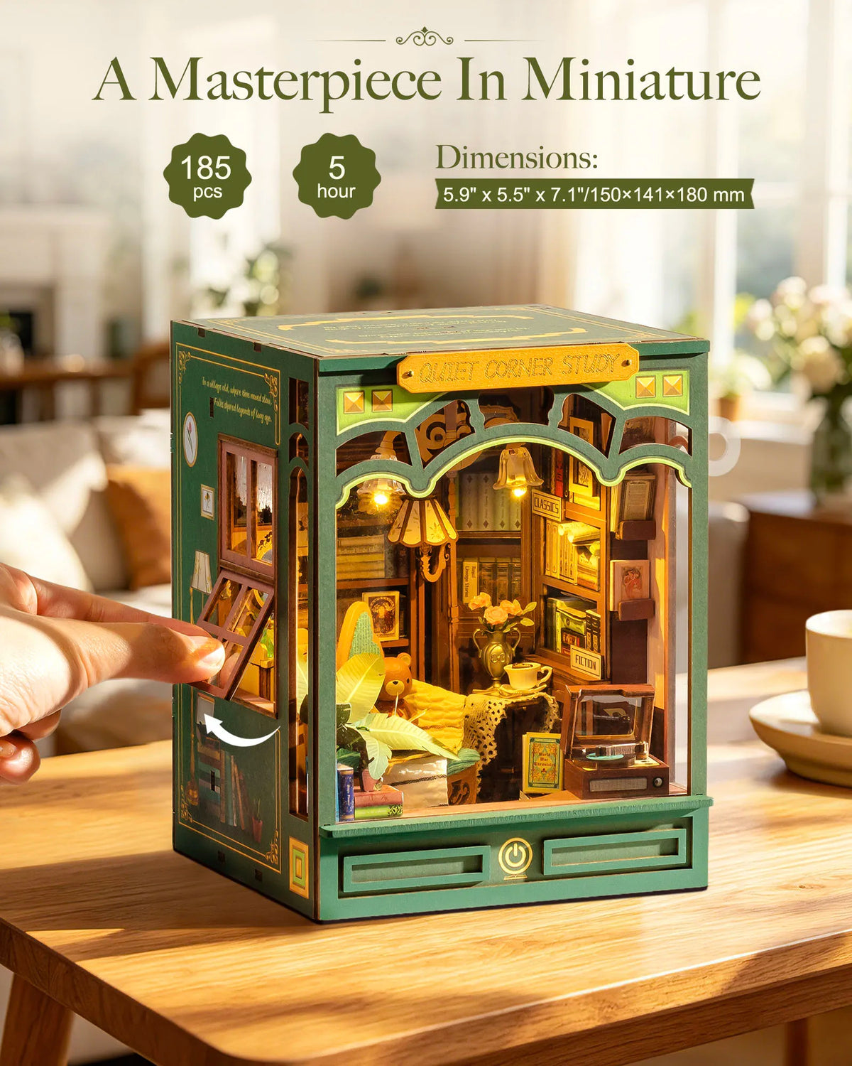 Rolife Quiet Corner Study DIY Book Nook Kit 185-piece 3D Puzzle Toys with Warm LED Light for Bookshelf Decor DIY Miniature House Molde Building Kit Gift for Book Lovers