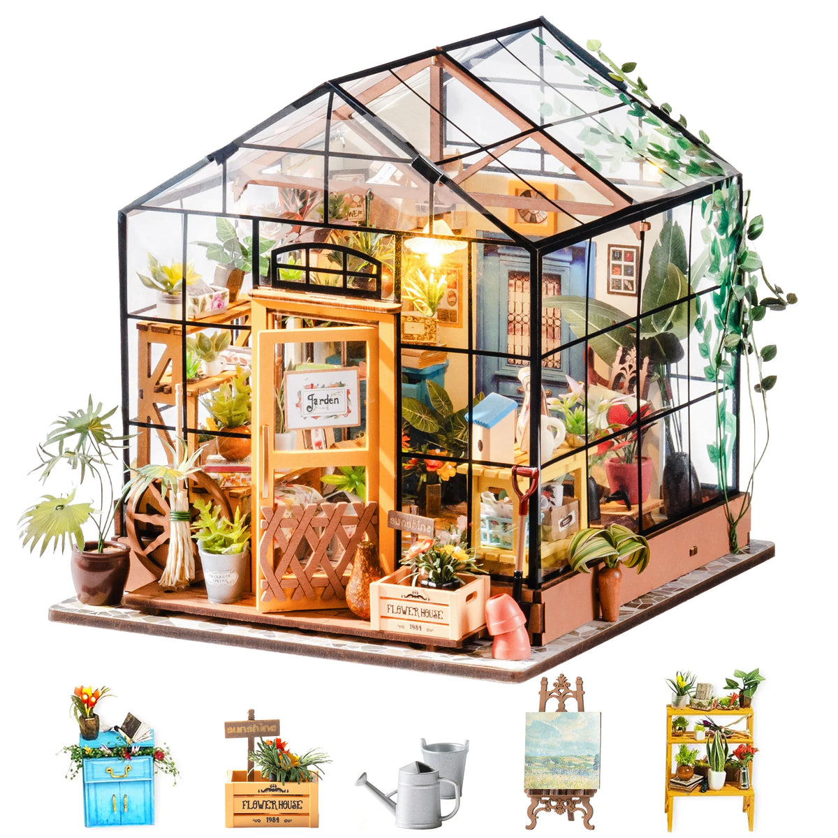Rolife Wooden 3D Puzzle Cathy's Greenhouse DIY Miniature House Kit Mini Dollhouse Model Building Kit with LED Light for Home Decor Holiday Gift for Adults Teens