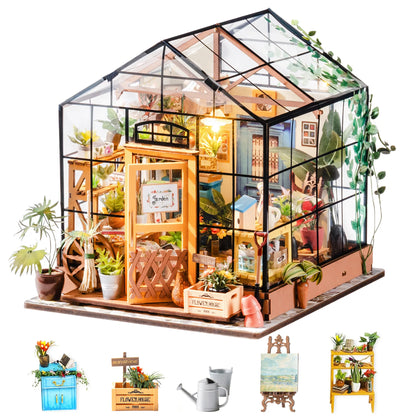 Rolife Wooden 3D Puzzle Cathy's Greenhouse DIY Miniature House Kit Mini Dollhouse Model Building Kit with LED Light for Home Decor Holiday Gift for Adults Teens